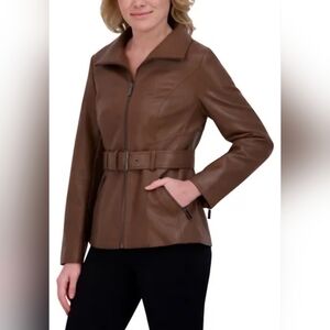 NEW! Kenneth Cole Brown Faux Leather Jacket with Belt Size XS